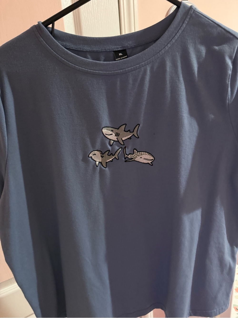 SHEIN Light Blue Short Sleeve Tee with Shark Patch Trio